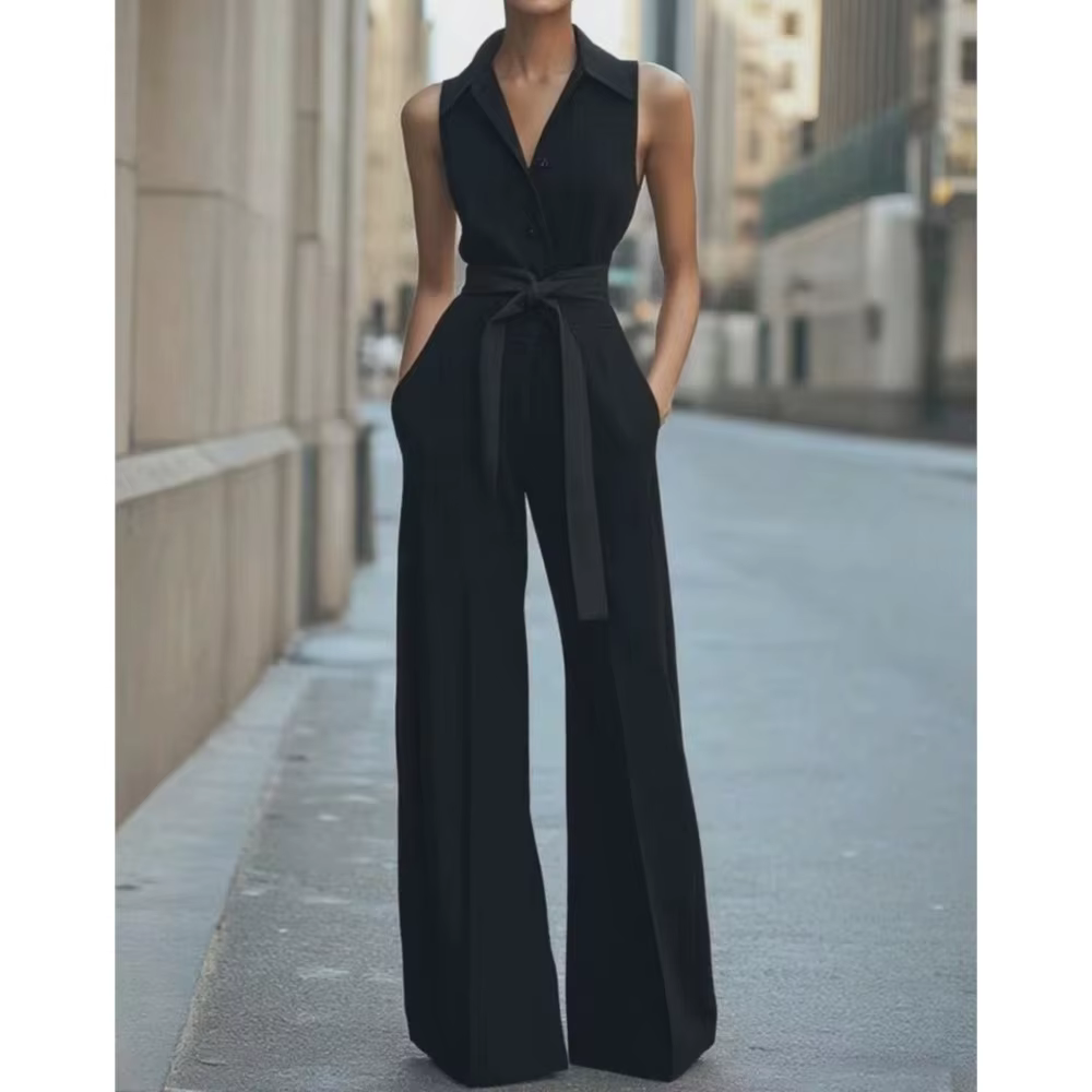 Combinaison à revers sans manches pour femmes, mode boutonnée, col de chemise, couleur unie, jambes larges, bureau de déplacement avec poche