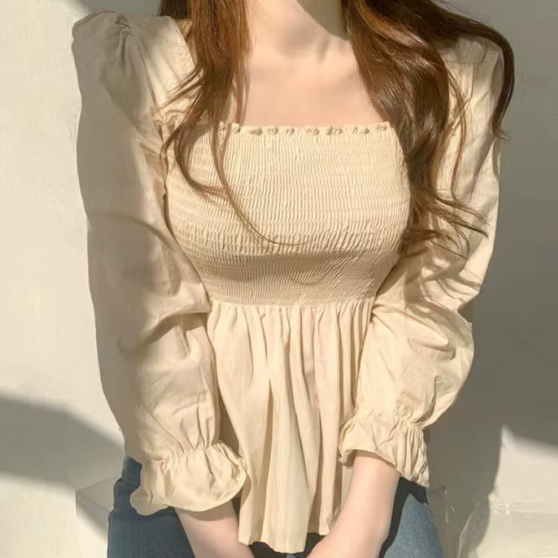 Élégant à manches longues plissé blanc femmes Blouse bureau dame mode doux col carré chemise nouveau décontracté élastique mince hauts 8023