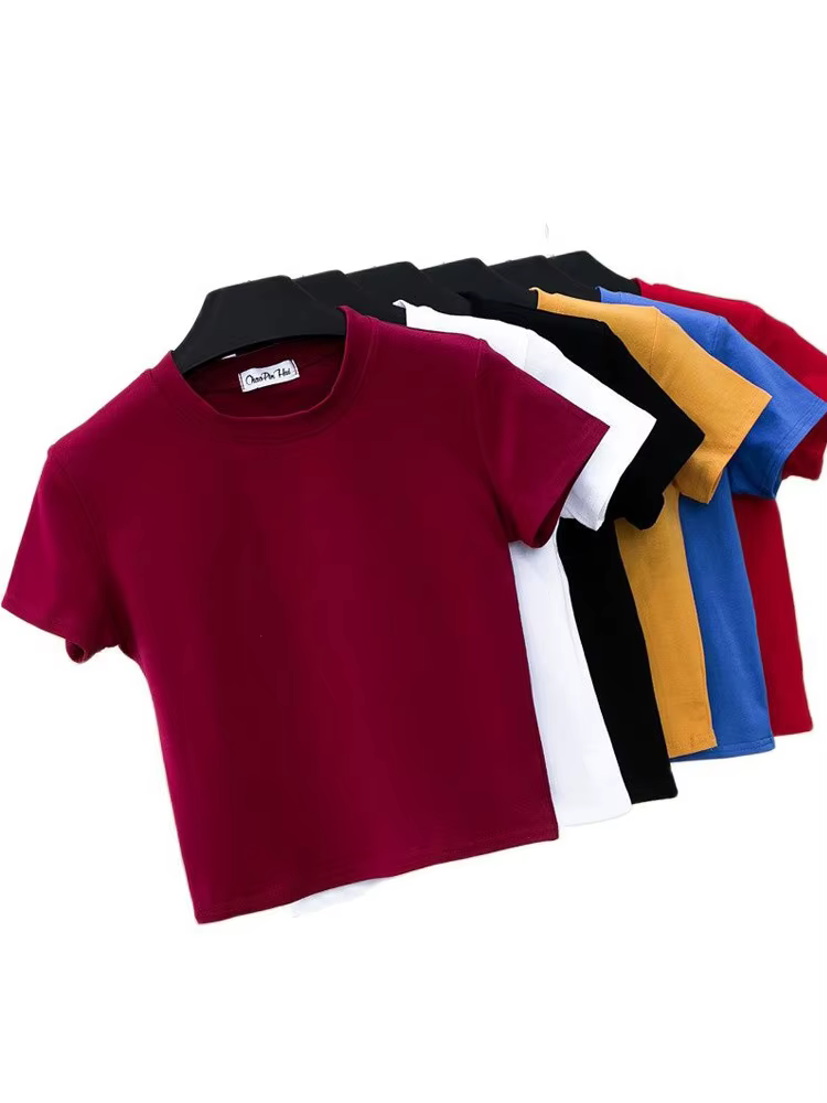 Vert haut court T-Shirt Femme solide coton col rond manches courtes T-shirts pour femmes taille haute mince