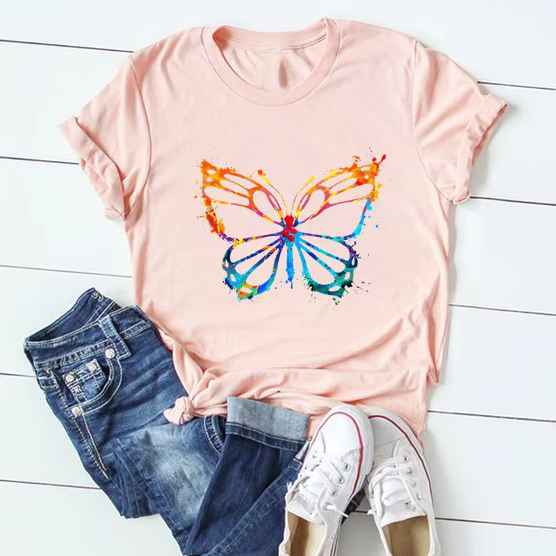 T-shirt à manches courtes imprimé papillon pour femmes