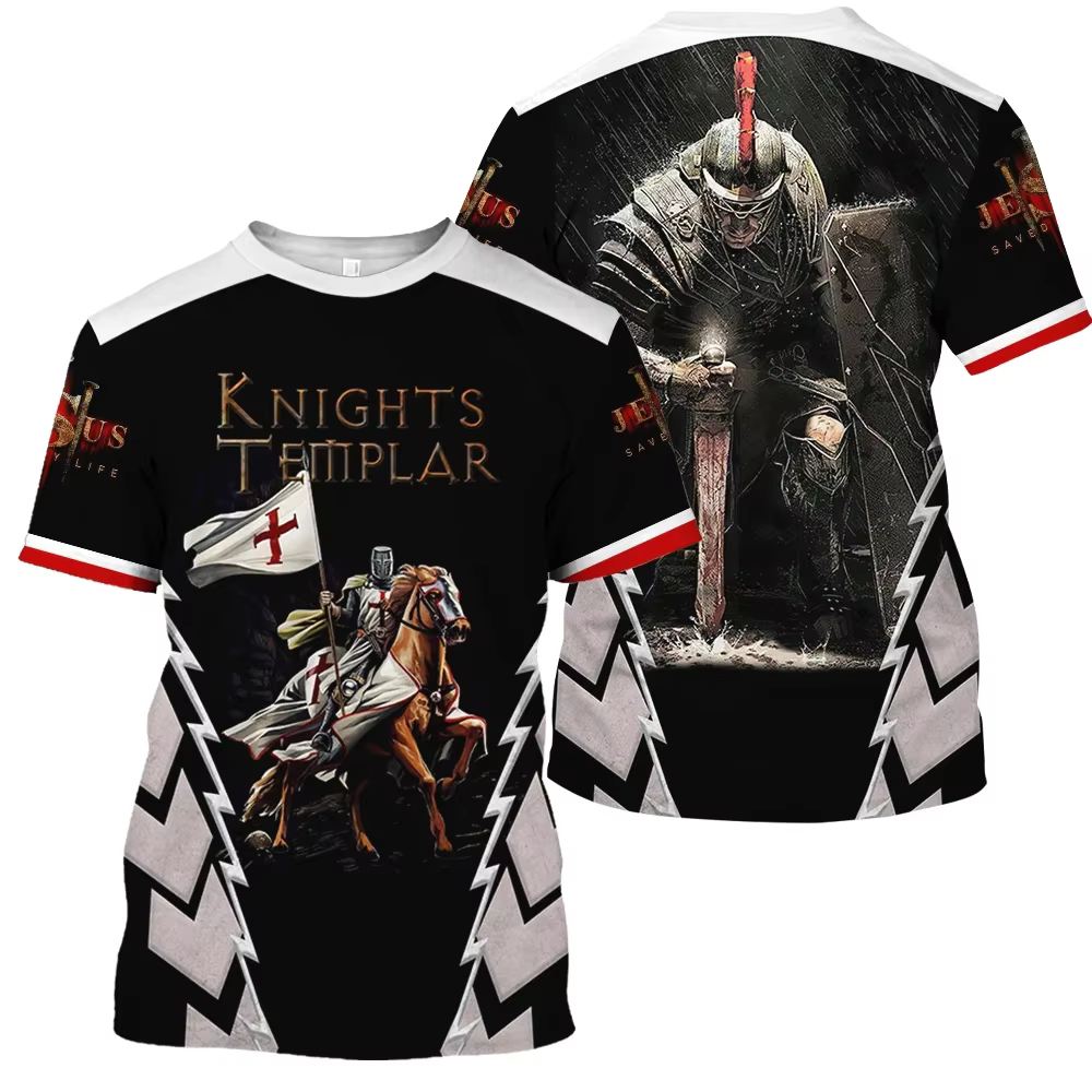 2025 T-shirt Vintage pour hommes 3D chevalier imprimé hauts rue Hip Hop col rond manches courtes