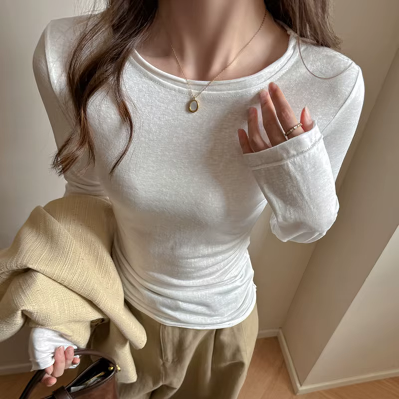 T-shirt gris à col rond et manches longues pour femme