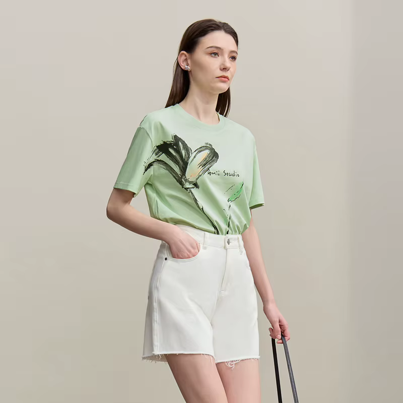 T-shirt femme Amii 2026 – Nouvelle collection été – Coton rafraîchissant – Col rond – Imprimé encre – Coupe ample – Manches courtes – Hauts 12622149