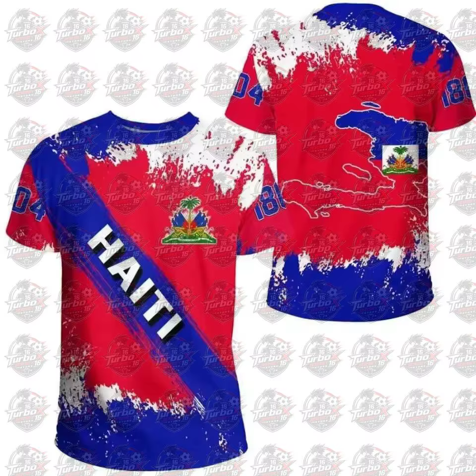 T-shirt Homme Drapeau Haïtien 2026 Emblème National Caraïbes Rétro Streetwear 3D Amusant Décontracté Manches Courtes Football