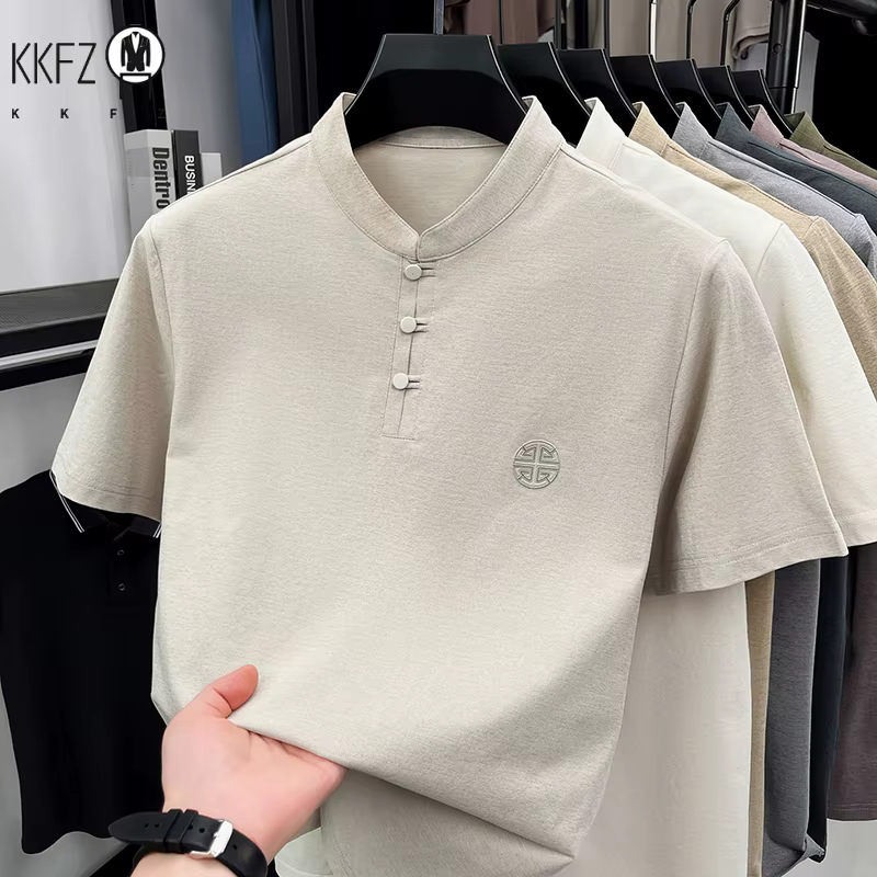 T-shirt décontracté pour homme à col mandarin et manches courtes