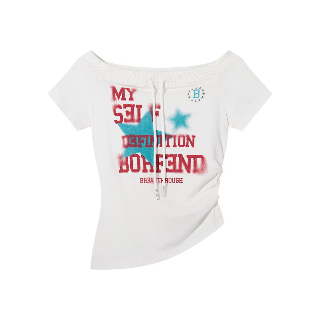 T-shirt à épaule dénudée BF.BORFEND style rétro américain pour femme, imprimé tendance, taille cintrée, manches courtes en coton