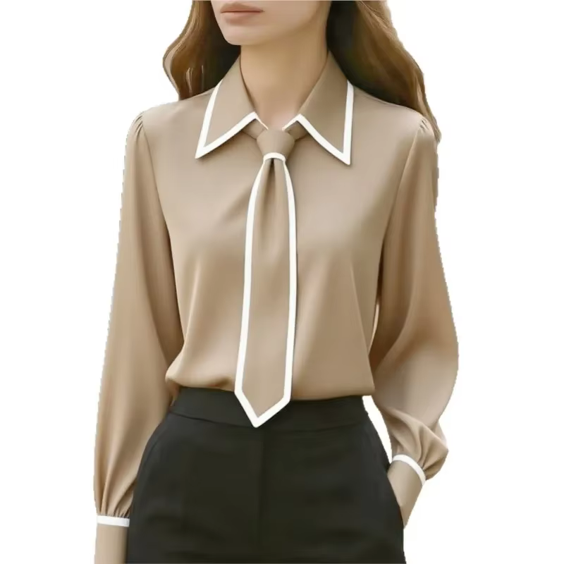 Chemisier pour femmes, chemise à la mode, nœud papillon formel, manches longues, garniture contrastée, vêtements de travail ajustés, chemises de bureau élégantes pour dames