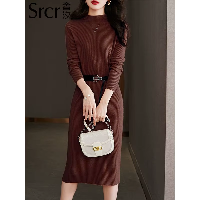 Pull mi-long à col semi-haut pour femme, robe pull, automne, hiver, 2024