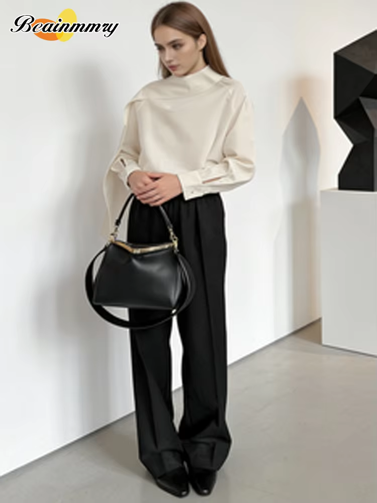 Chemise ample à col écharpe pour femme, élégante, à manches longues, avec ruban, épaule inclinée, chemisier tendance, nouveau printemps, chemises de bureau pour le trajet quotidien, 2026