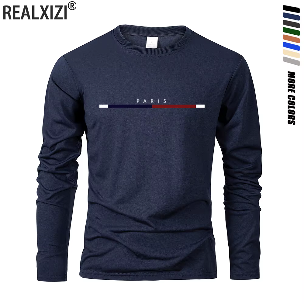 Hommes à manches longues t-shirts de PARIS impression couleur unie décontracté hauts automne haute qualité T-Shirt ample
