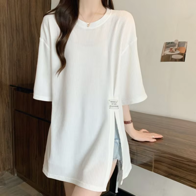 Style paresseux ample fente ourlet jeunesse hauts été à manches courtes col rond simplicité rue décontracté t-shirts mode coréenne femmes vêtements