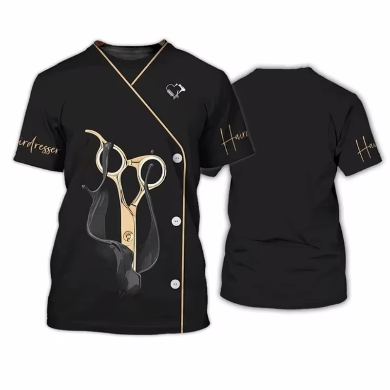 Barbier coiffeur modèle T-Shirt pour femmes Salon esthéticienne 3D imprimé t-shirts été hauts amples manches courtes