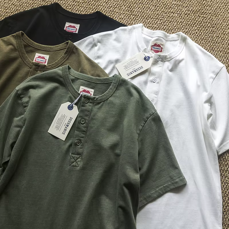 Amekaji élégant Vintage Americana Henley t-shirt-260gsm coton lavé chemise à manches courtes été en détresse Style décontracté
