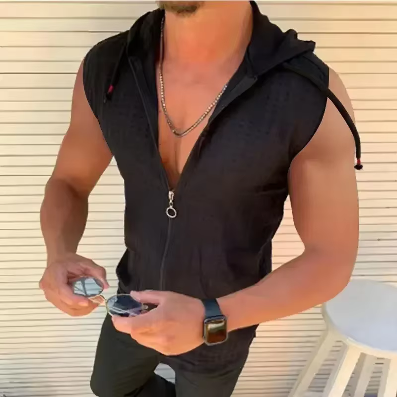 Mode d'été sans manches/long/manches courtes sweat à capuche fermeture éclair t-shirt décontracté imprimé à carreaux point ouvert plage Protection solaire vêtements