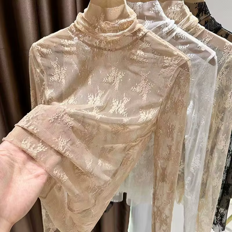 Femmes Sexy à manches longues dentelle Blouses col haut vêtements intérieurs