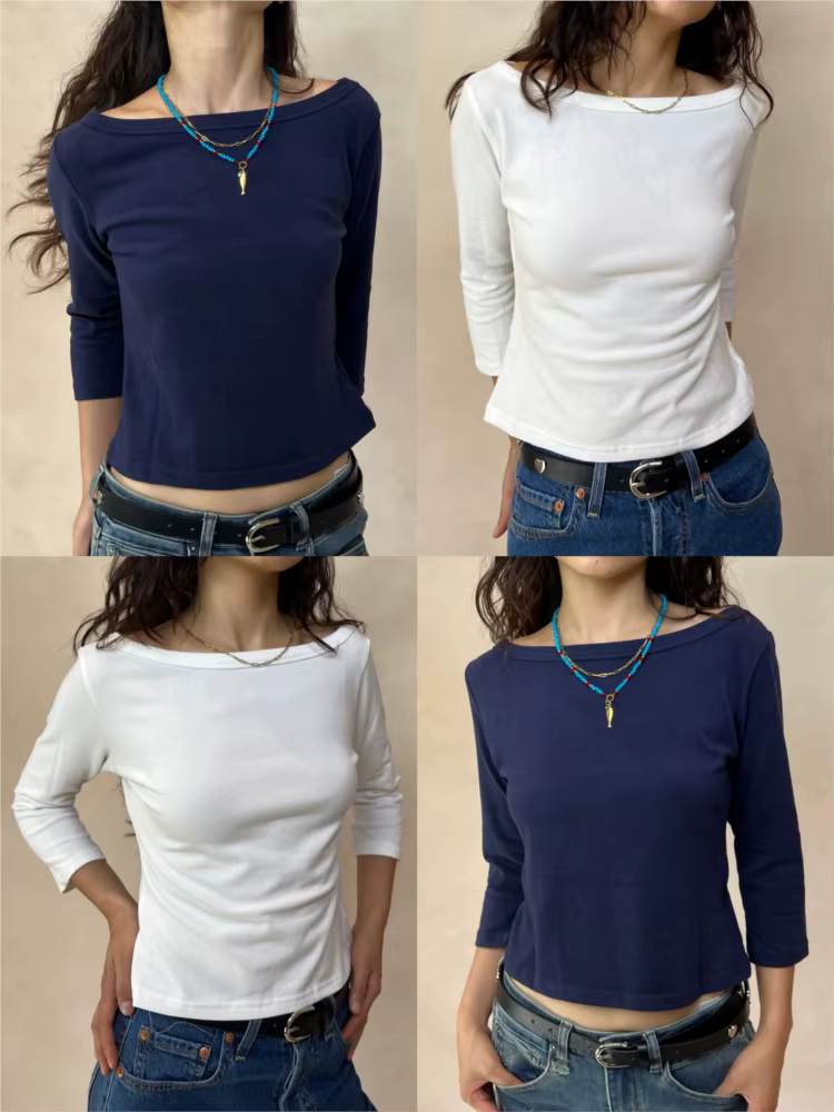 Simple trois quarts manches T-shirts femme automne solide basique Slash cou coton mince haut court