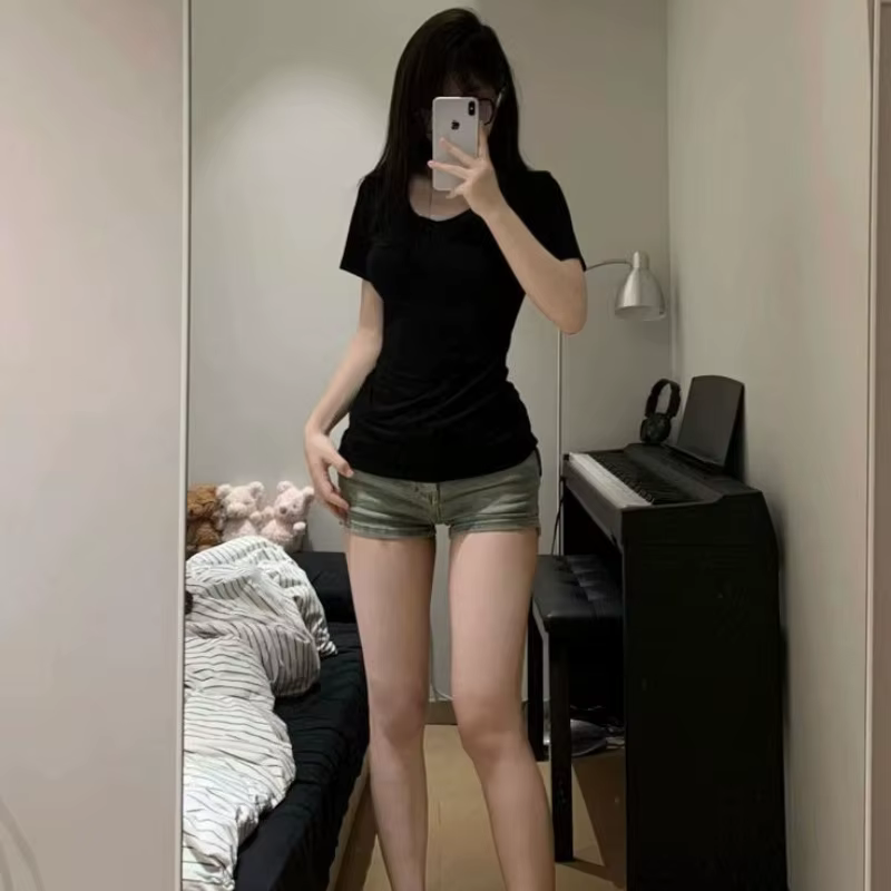 T-Shirts femmes été filles chaudes ventre court mince Style américain épicé taille haute hauts solide Simple loisirs tout-match col en v