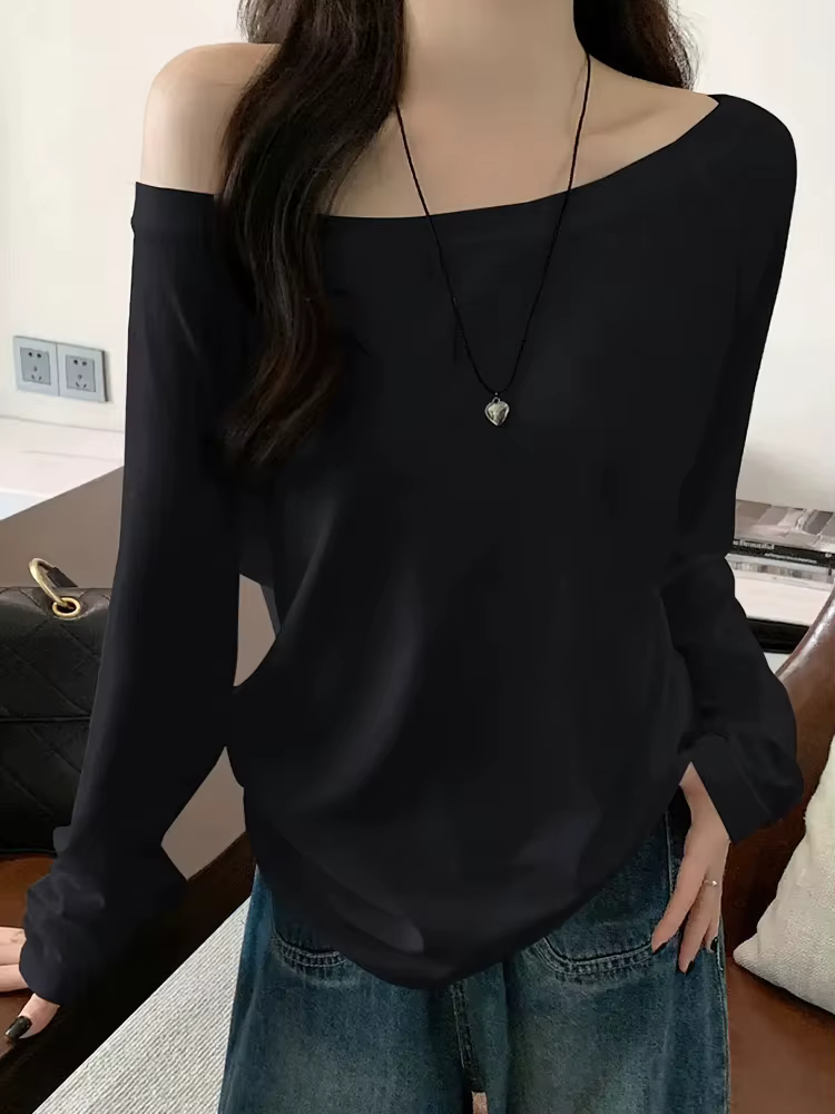 Surdimensionné épaules dénudées à manches longues t-shirt femmes couleur unie décontracté hauts dame printemps automne t-shirts de base style coréen jeunesse Blouses