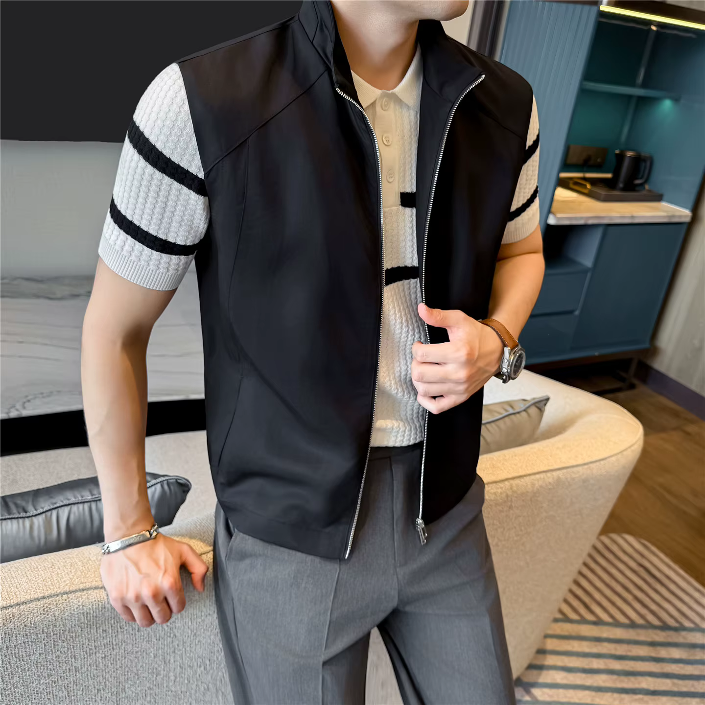 Gilet sans manches en Tencel durable pour homme - Haut léger respirant effet soie glacée avec col montant et fermeture éclair pour l'été