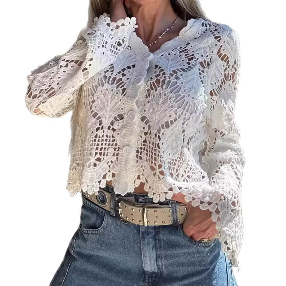 Nouveau T-shirt en crochet tricoté ajouré à col en V et simple boutonnage pour femme 2026