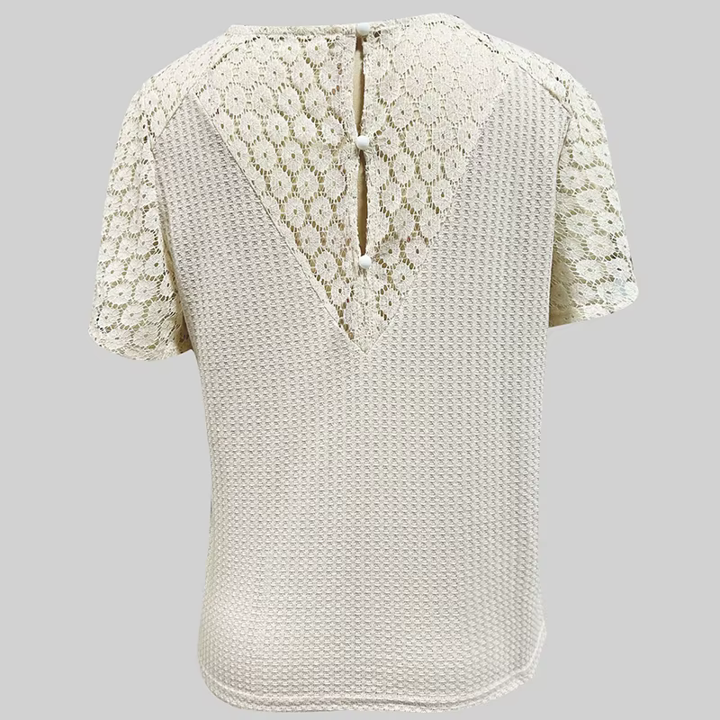 Nouveau T-shirt en dentelle à manches courtes et col en V profond pour femme
