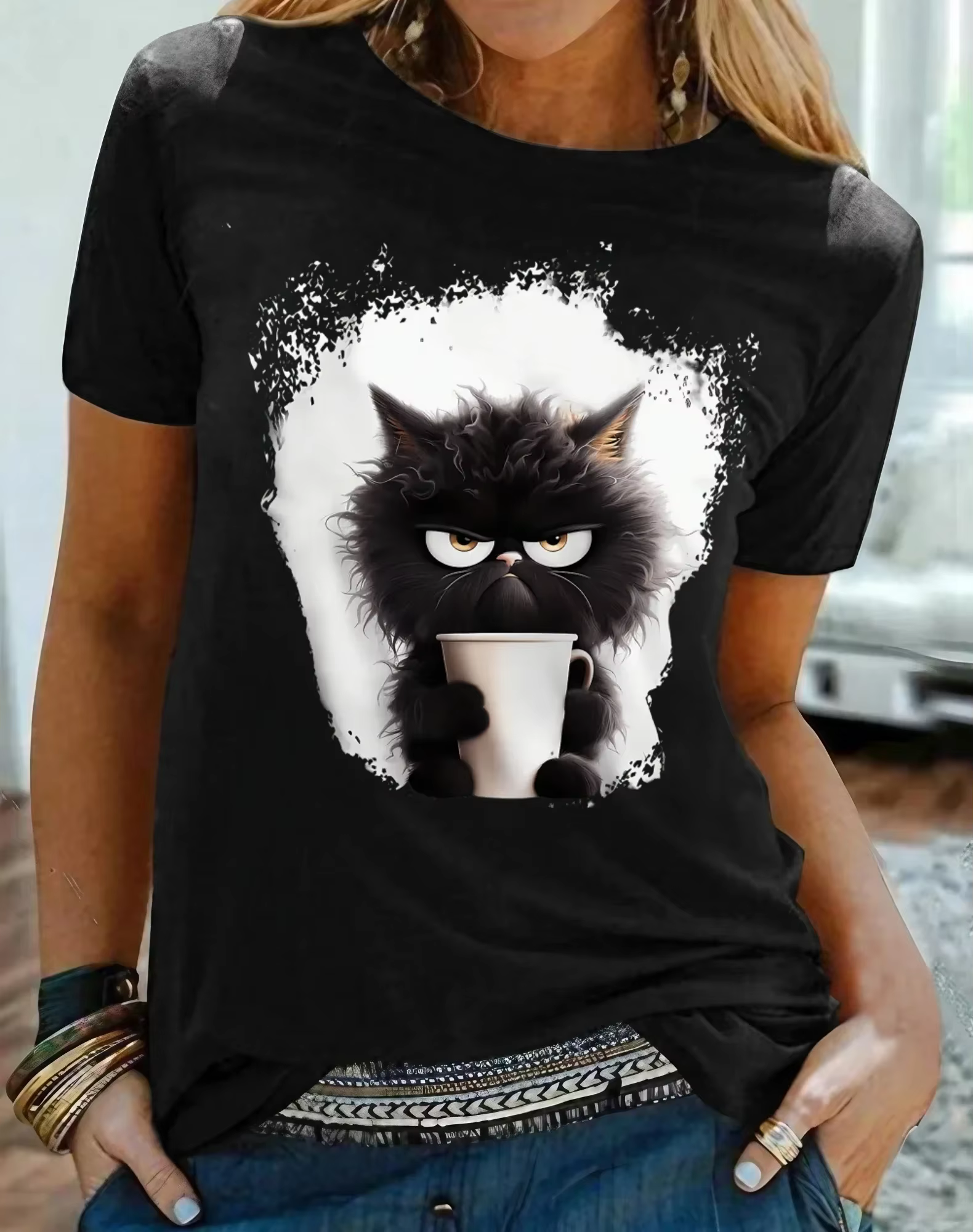 T-shirt femme t-shirt chat week-end quotidien noir imprimé manches courtes mode drôle col rond coupe régulière été