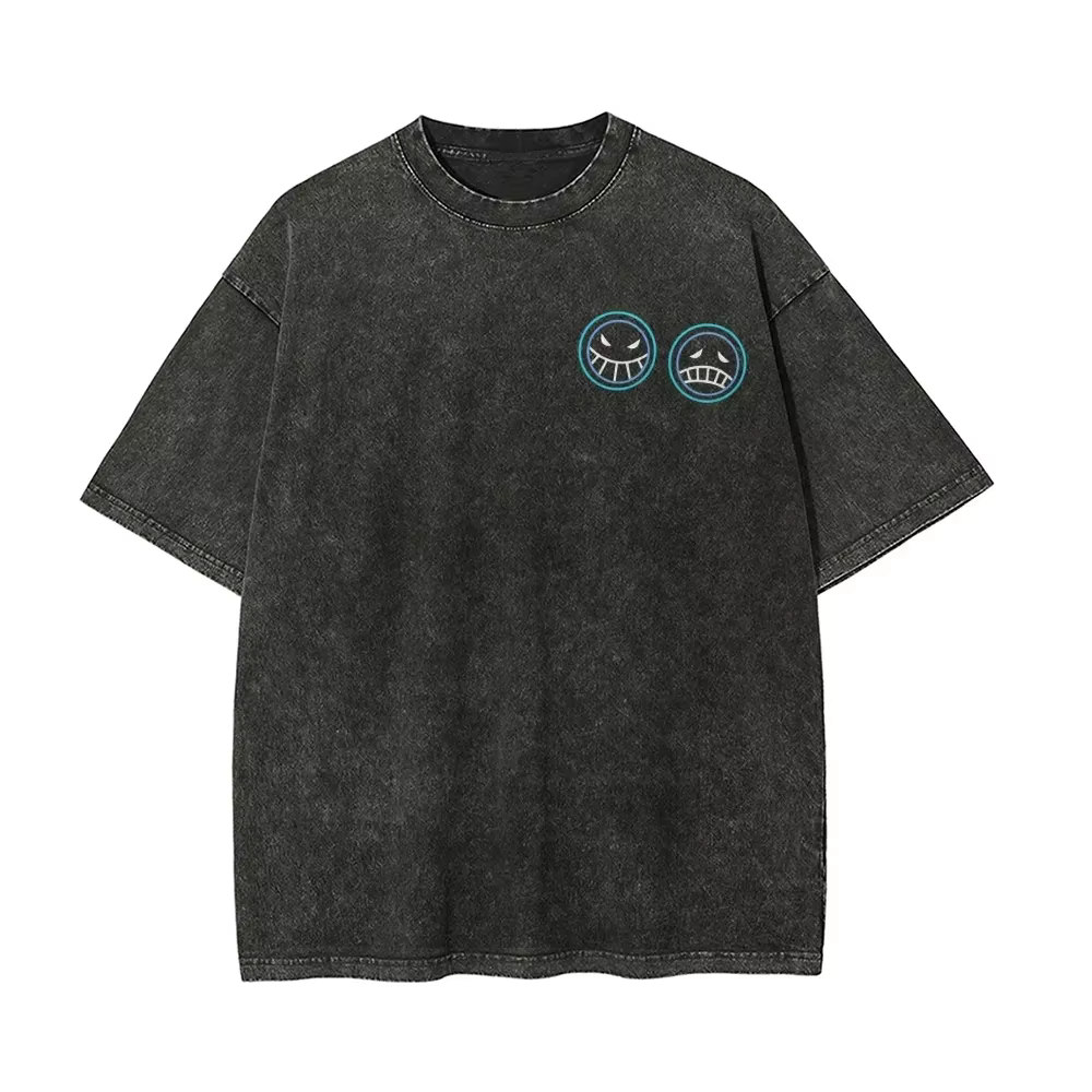 T-shirt Ace One Piece ASCE Tatouage Feu Vintage Délavé Streetwear Oversize Rétro Anime Japonais Graphique Coton Homme