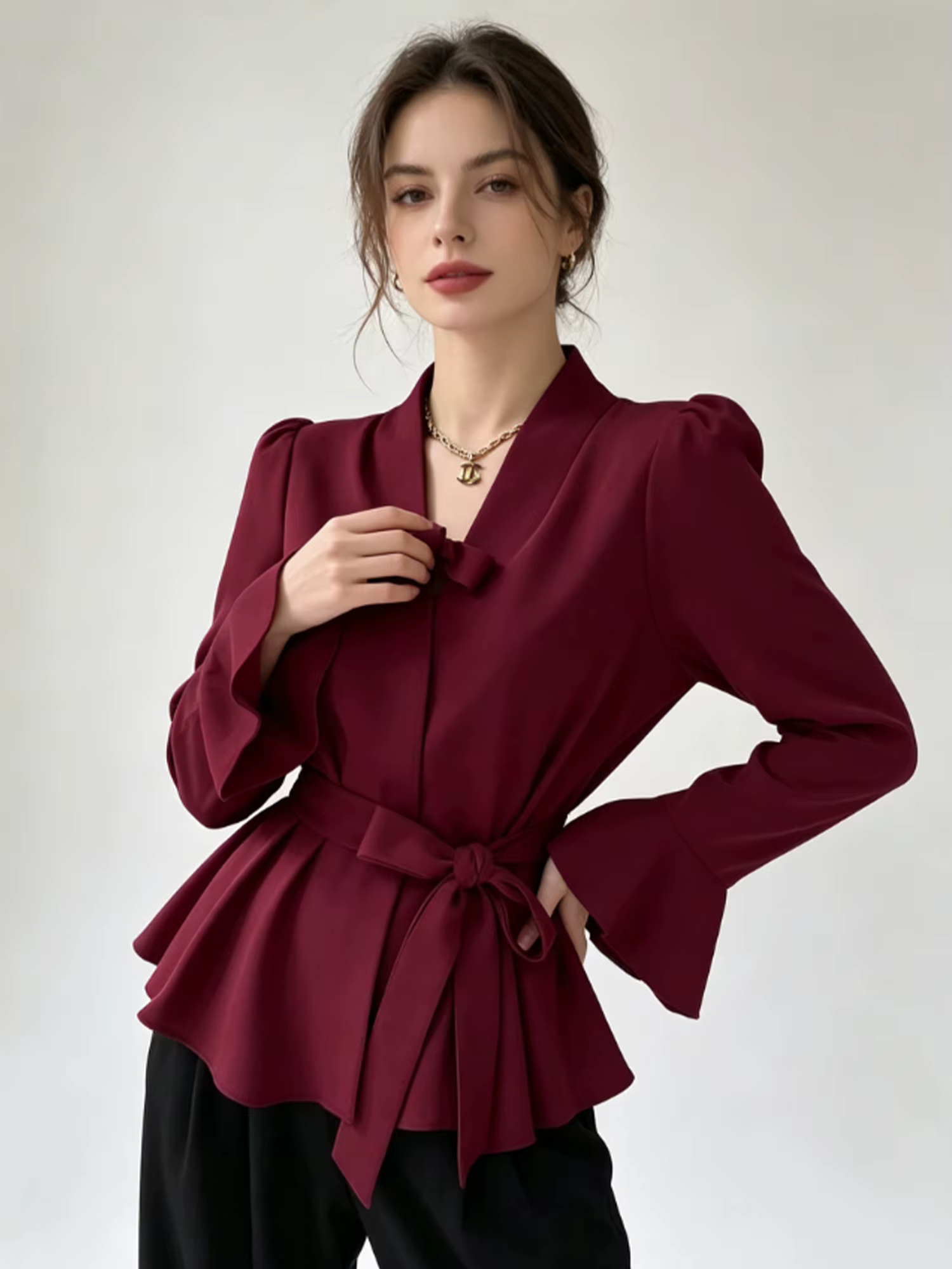 Chemisiers et chemises bordeaux pour femmes, style coréen vintage Y2k Gyaru, chemisier à manches longues et col en V, chemise à manches évasées tendance, automne