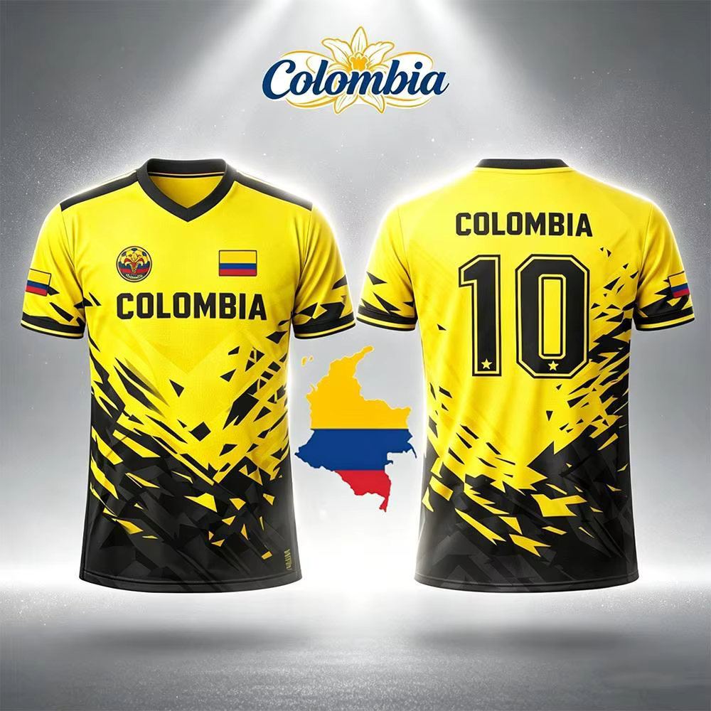 Nouveau Maillot de Foot 2026 Imprimé Drapeau Columbia pour Homme – T-shirt Sportif Respirant Col V Unisexe – Entraînement Décontracté Streetwear – Cadeau Idéal pour les Fans