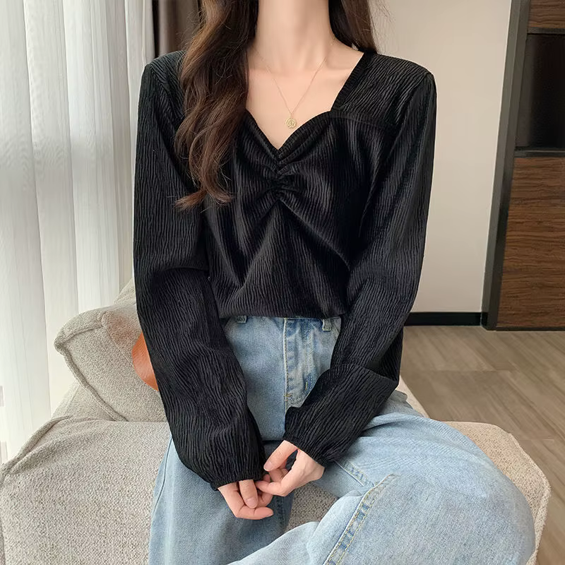 Chemise à manches longues et col en V pour femme