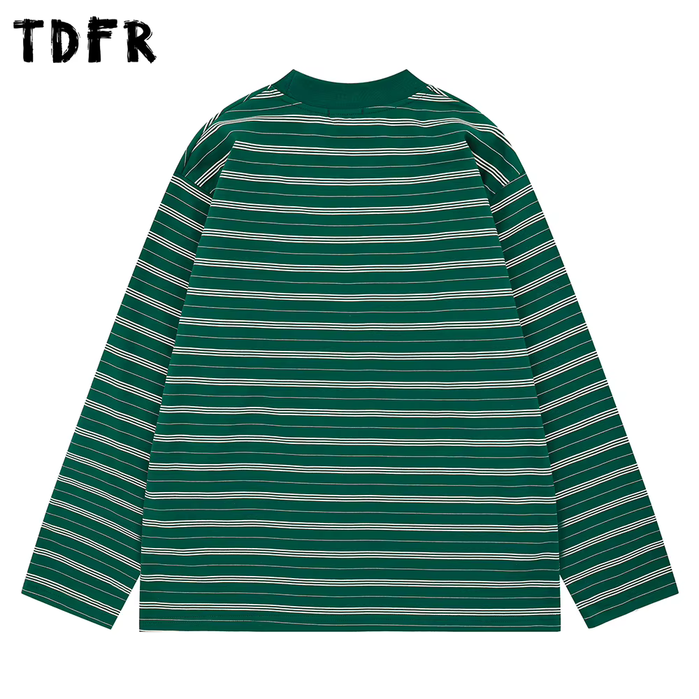 Rayé à manches longues T-shirt hommes broderie automne rétro décontracté col rond en coton