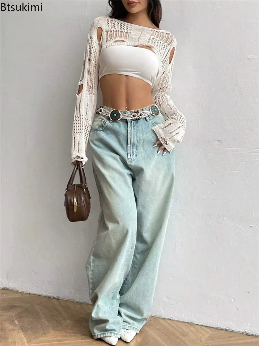 Femmes Sexy à manches longues voir à travers le crochet supérieur fleur trou creux tricoté Smock court pull femme