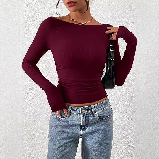 T-shirt côtelé à manches longues pour femme