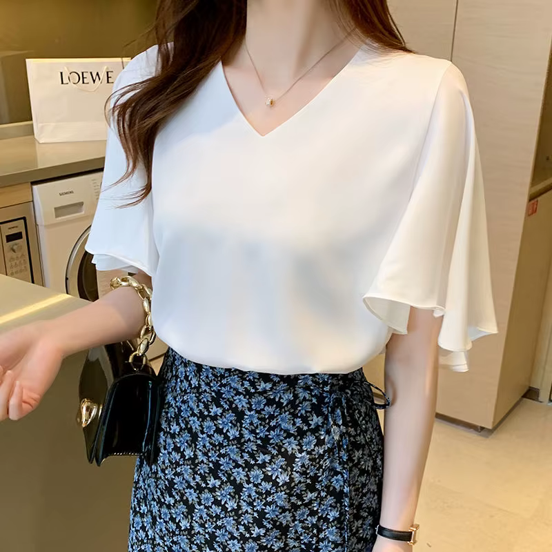Chemisier Femme Col V Uni à Manches Papillon – Nouvelle Collection Été Décontractée Ample pour le Bureau
