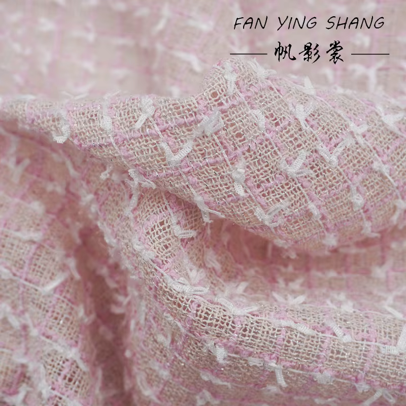 Tissu Tweed à carreaux rose et blanc avec nœud pour manteau, robe, jupe femme printemps-automne, tissu de couture DIY