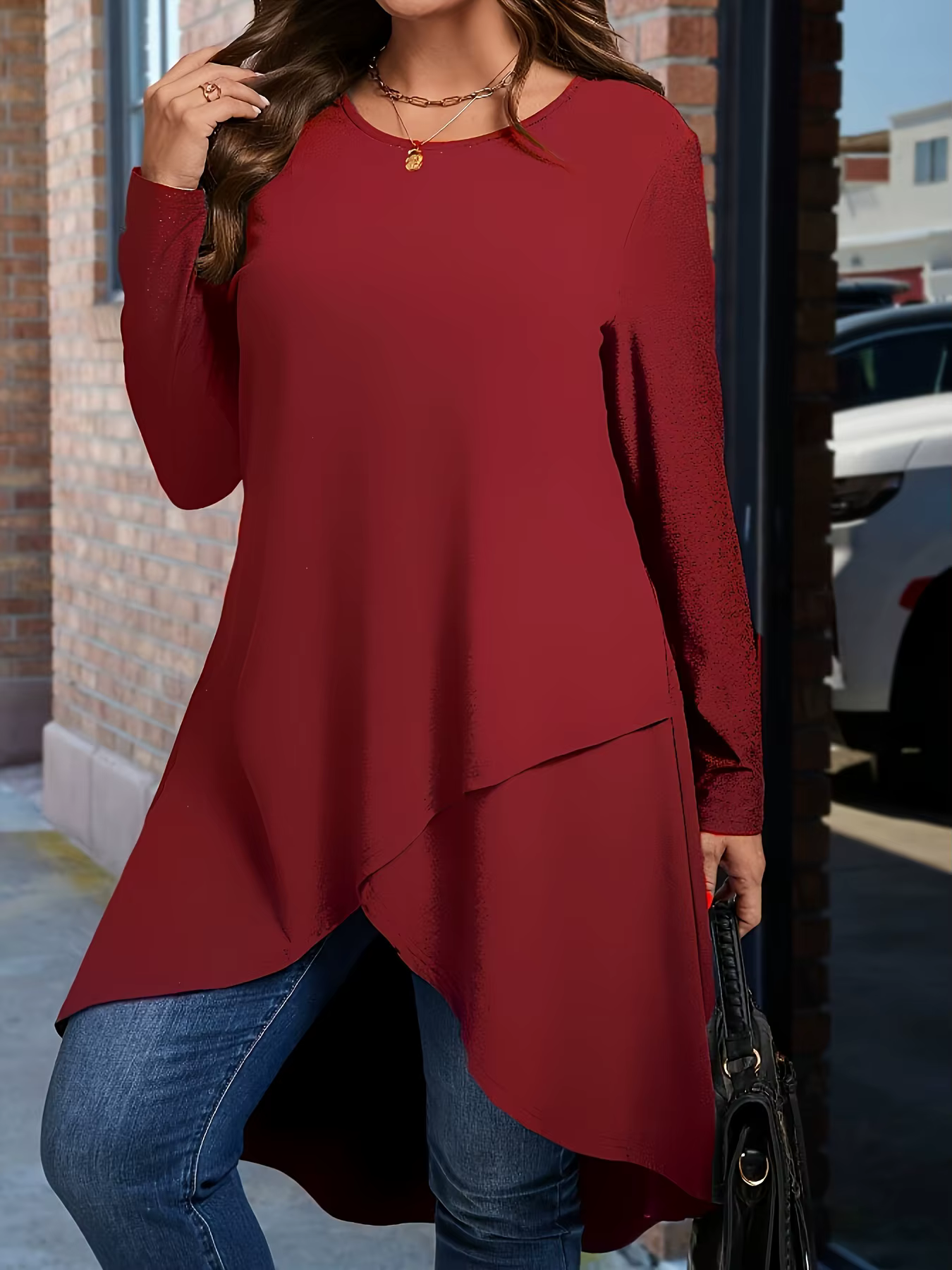 Grande taille femmes élégant ourlet asymétrique à manches longues T-Shirt col rond haut décontracté couleur unie toutes saisons vêtements pull