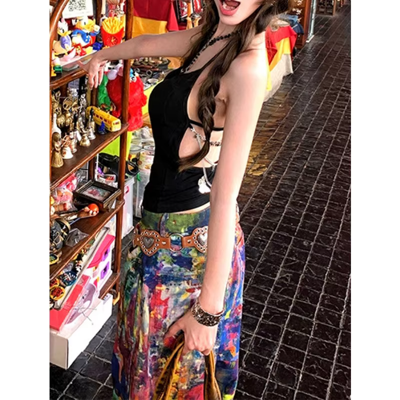 MEXZT Y2K rouge débardeur femmes Streetwear Sexy dos nu noir haut à licou été Gyaru Coquette esthétique Grunge chaîne Camis nouveau