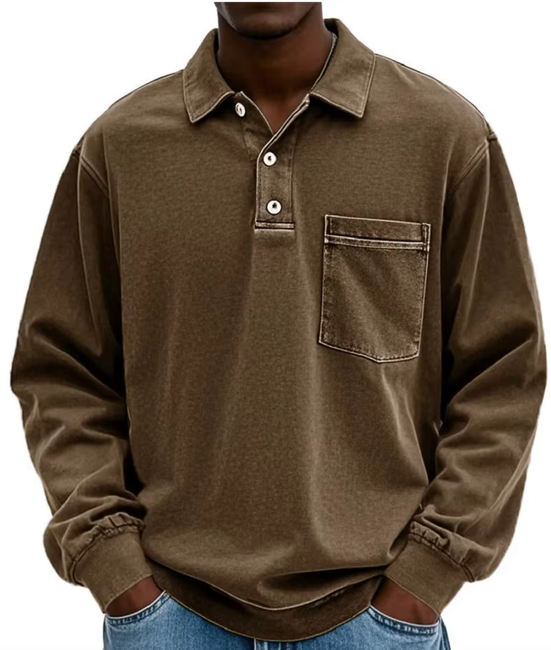 Polo à manches longues gris foncé style rétro américain