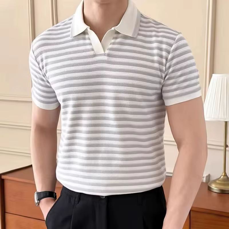 Polo rayé pour homme, T-shirt respirant à manches courtes avec col rabattable