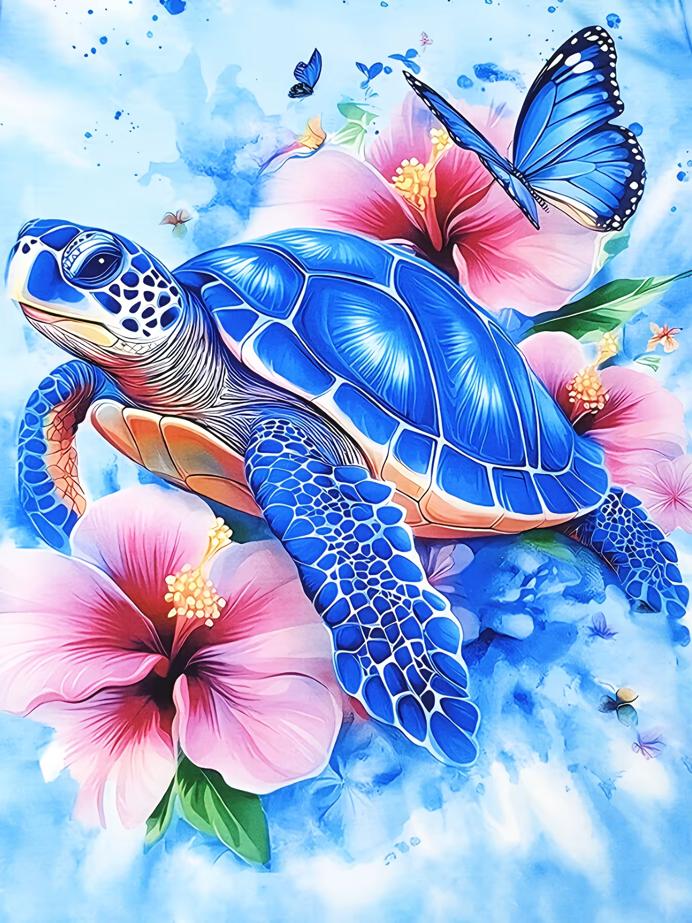 T-shirt bleu clair pour femme - Imprimé tortue bleue et hibiscus