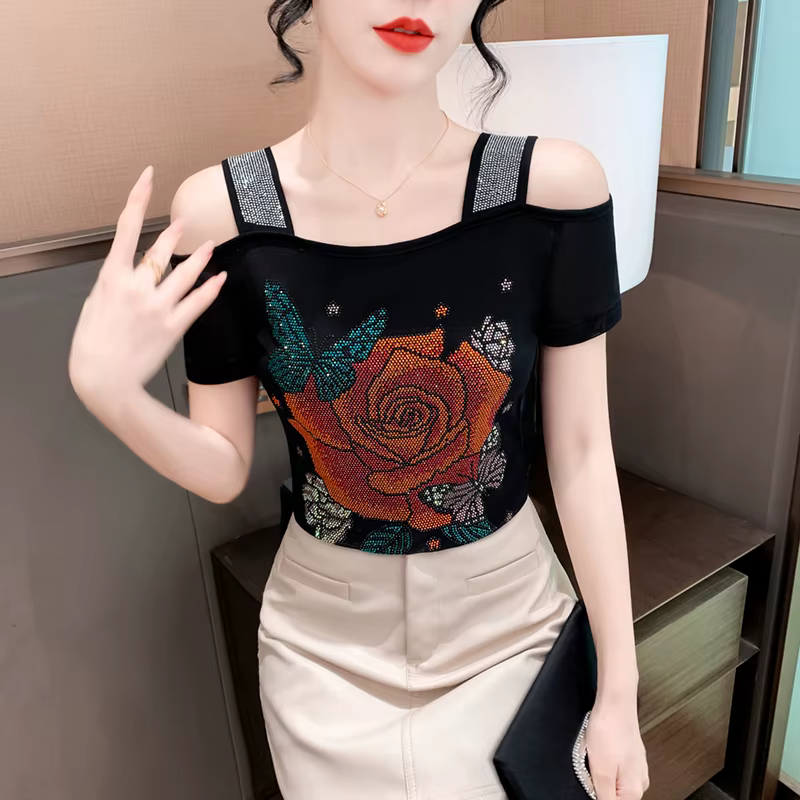 Nouveau Design européen de fleur de Rose vêtements pour femmes T-Shirt Chic épaules nues diamants chauds hauts élégant Streetwear filles t-shirts chemises