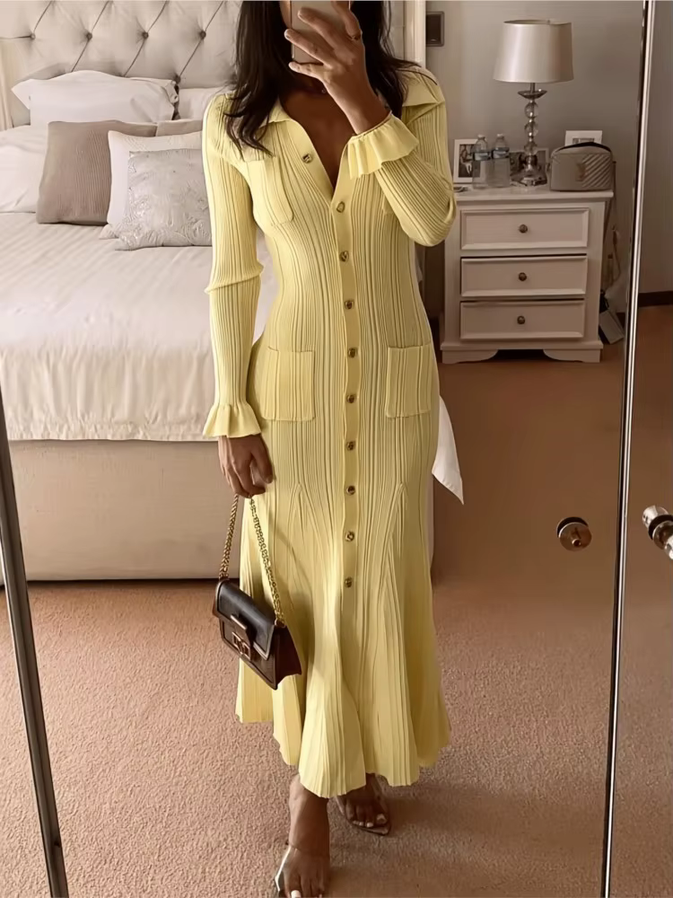 Robe tricotée élégante pour femmes, Slim, revers, manches évasées, poches, robes longues, couleur unie, à la mode, automne