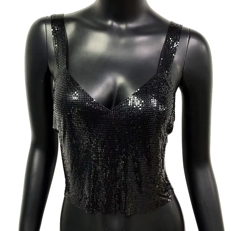 Bretelles sangle col en V dos nu débardeurs femmes Club tenue de fête été métal paillettes vacances plage porter à la main gilets courts