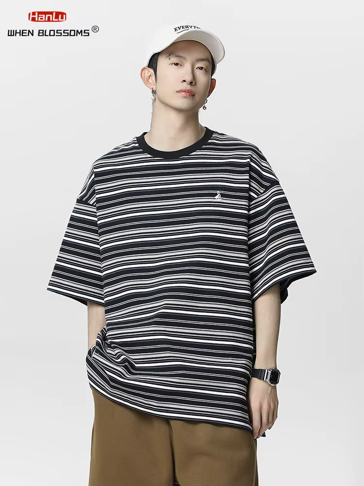 HANLU rétro contraste couleur rayure à manches courtes T-Shirt unisexe été nouveau Style broderie à la mode décontracté Couple t-shirts