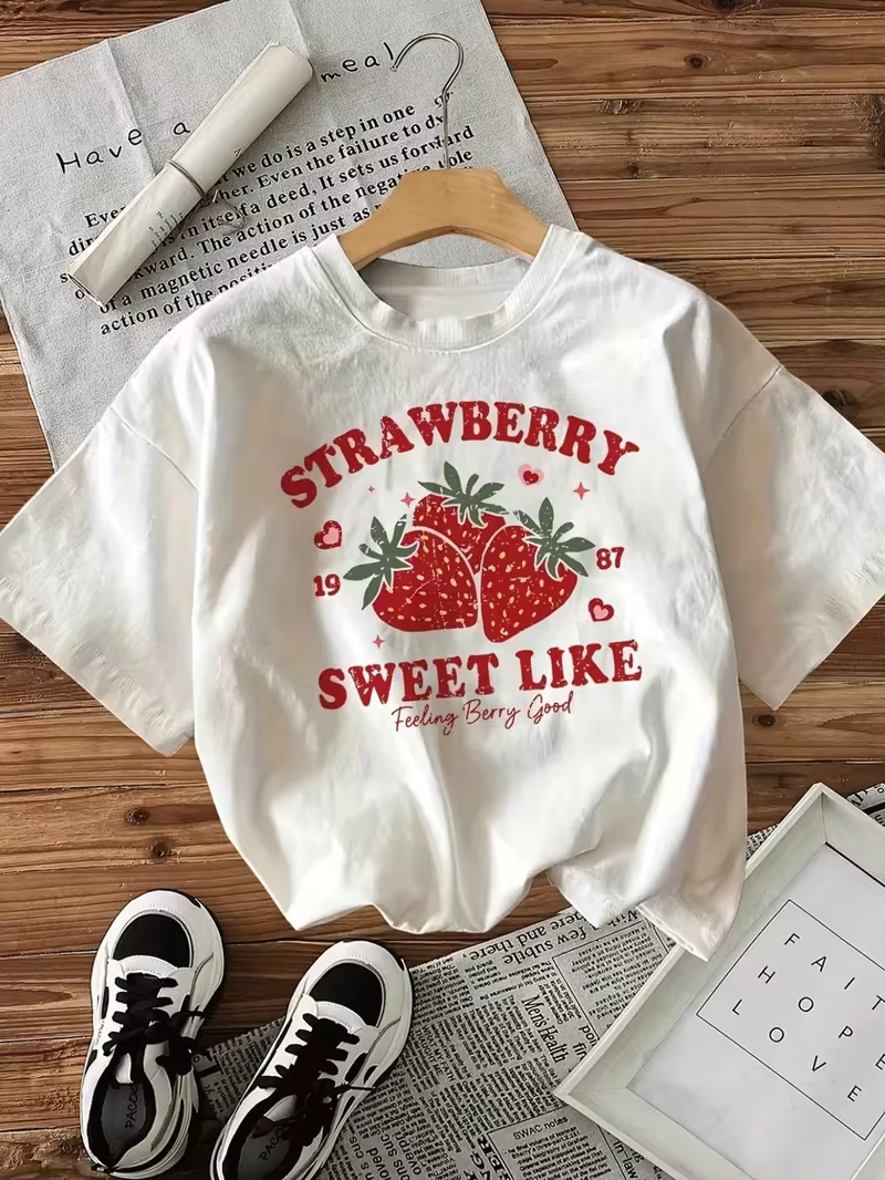 T-shirt vintage à motif fraise pour femme