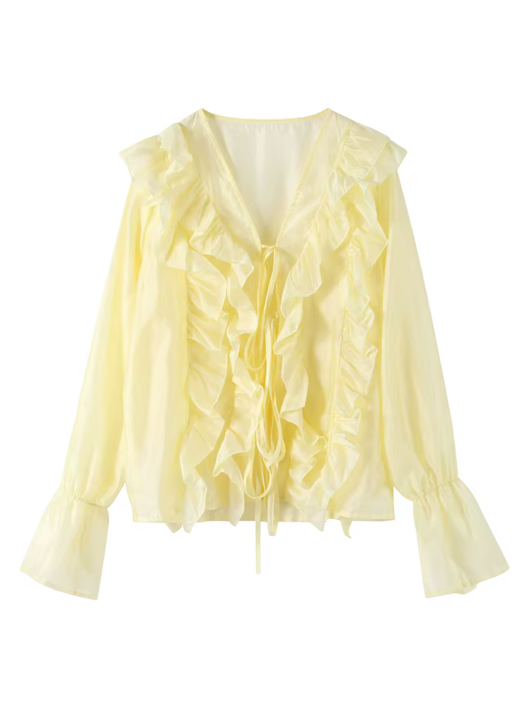 Chemises pour femmes Chic à volants creux à lacets en mousseline de soie col en v manches évasées Blouse femme 2025 printemps nouveau élégant solide dame vêtements d'extérieur