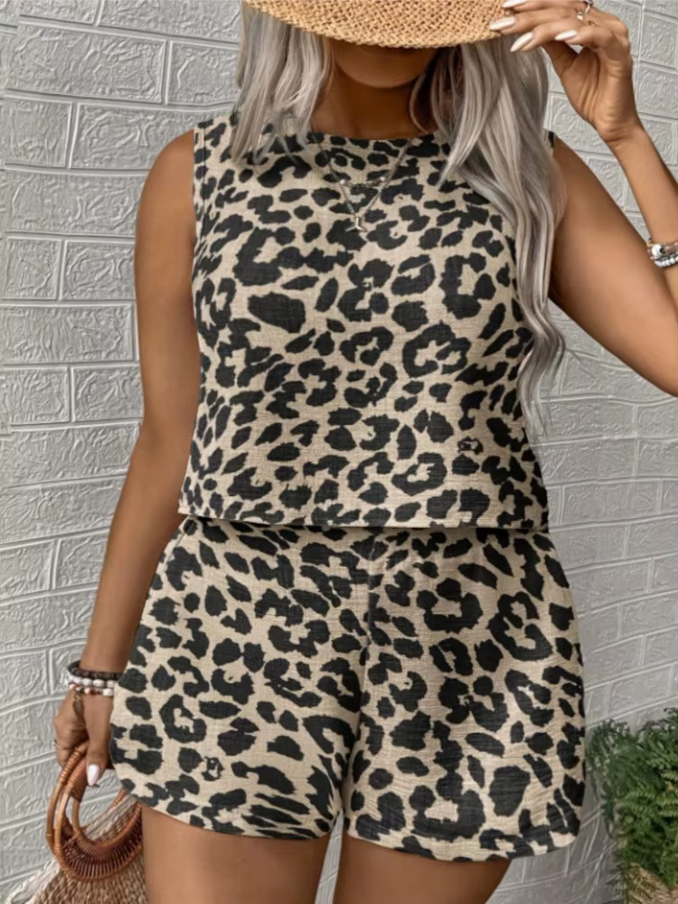 Nouvel ensemble décontracté léopard tendance : débardeur ample à col rond et short pour femme – Collection été
