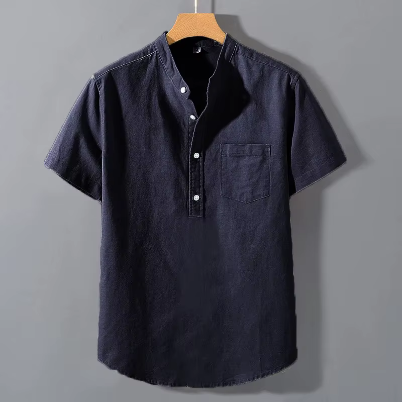 Nouveaux hommes à manches courtes t-shirts couleur unie col montant chemise été à la mode respirant ample jeunesse basique coton poche haut