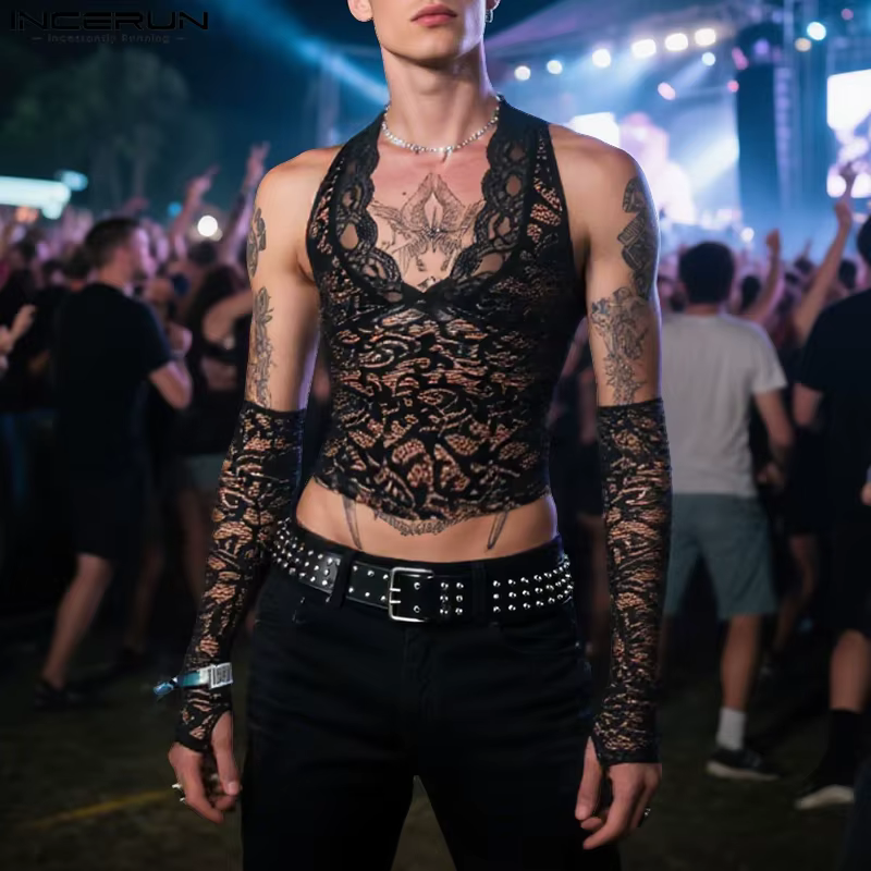 INCERUN hommes débardeurs dentelle voir à travers col en V sans manches avec manches hommes gilets Sexy Streetwear fête mode unisexe hauts S-3XL