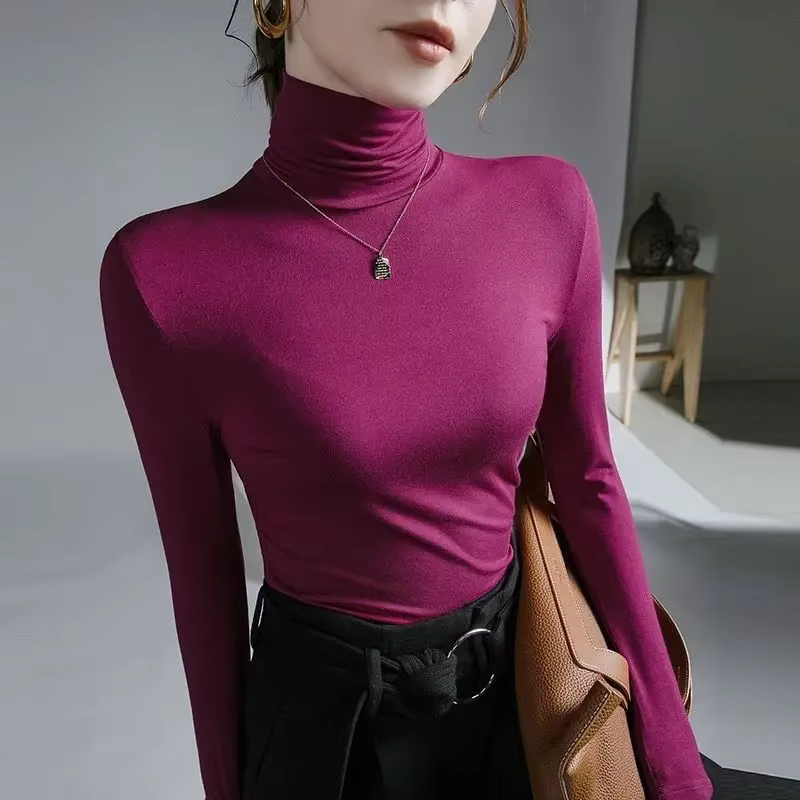 Femme T-shirt col roulé vêtements maigres 2025 haut noir pour femmes violet